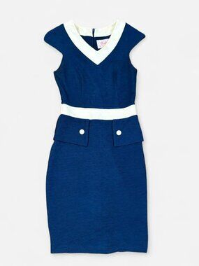 Ruby Belle Blue Textured V-Neck Sheath Dress Vintage Fit and Flare